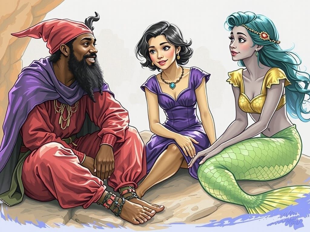 Wizard, Princess, and Mermaid in Grotto: Maximalist Art