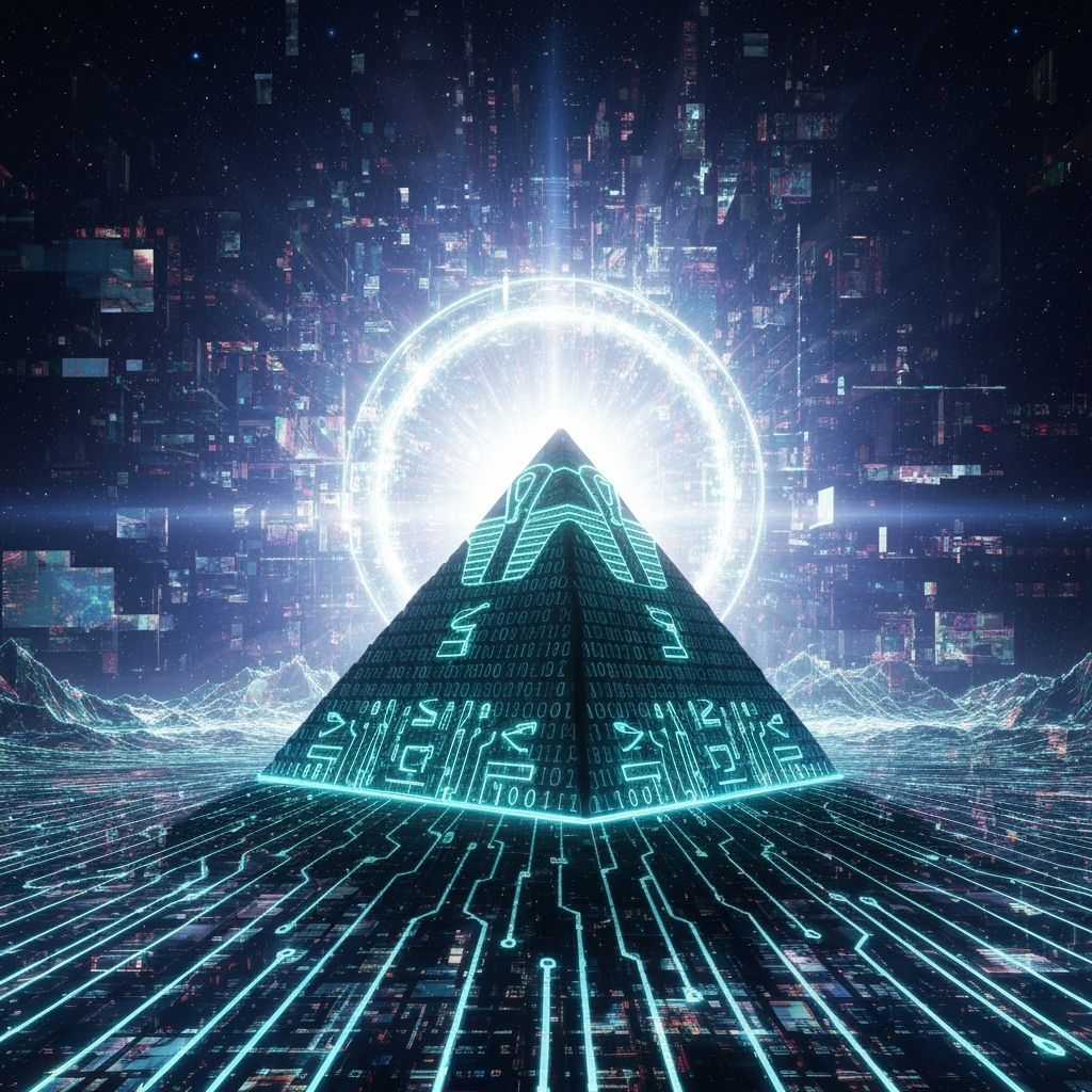 Digital Pyramid in Space with Binary Code & Neon Edges