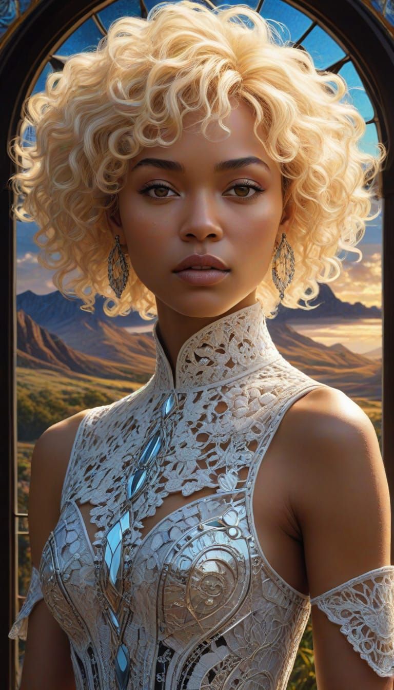 Afro-Victorian Cosmic Cyborg in Stained Glass Landscape