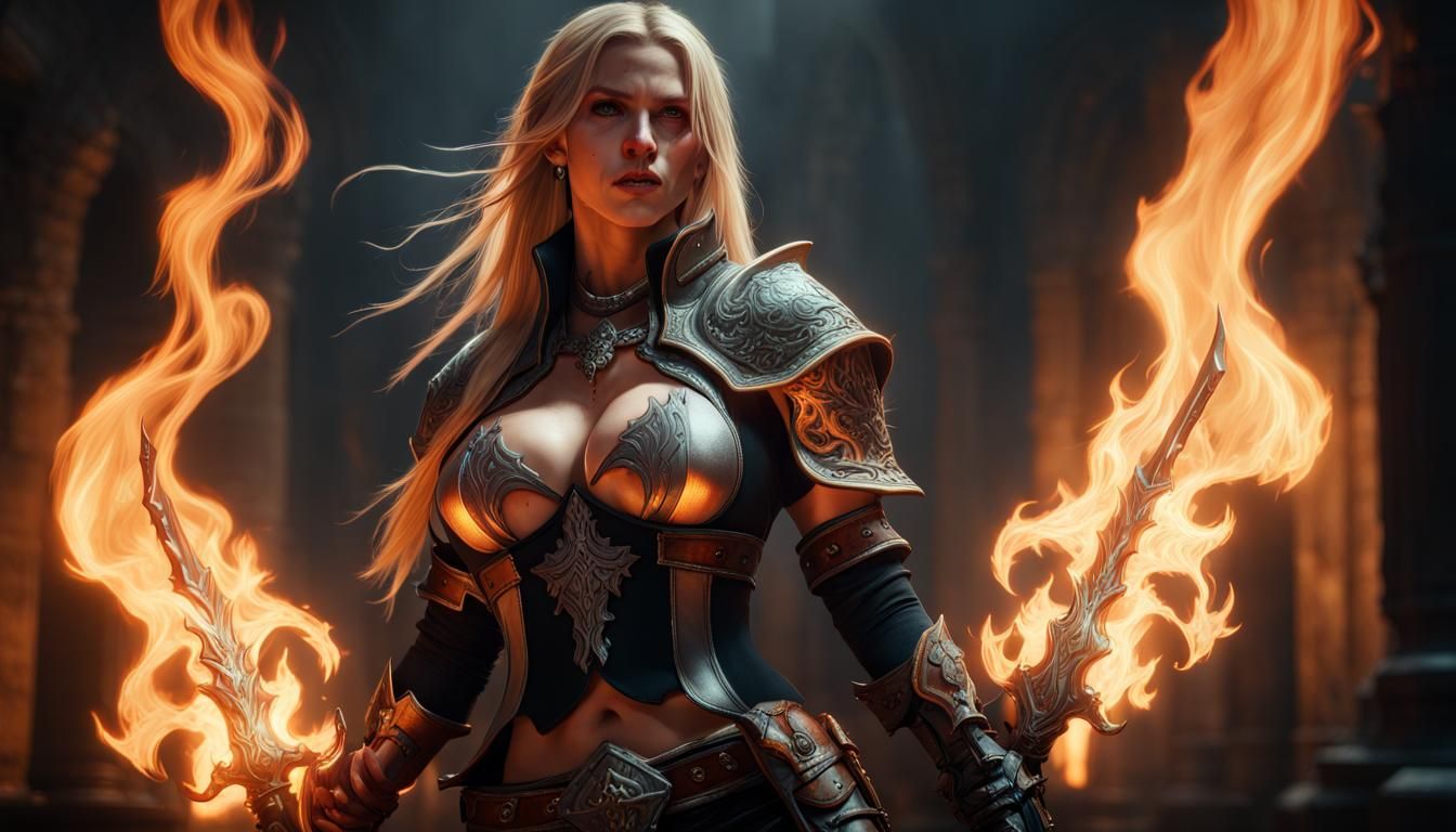 Hyperrealistic Female Rogue with Flame Daggers