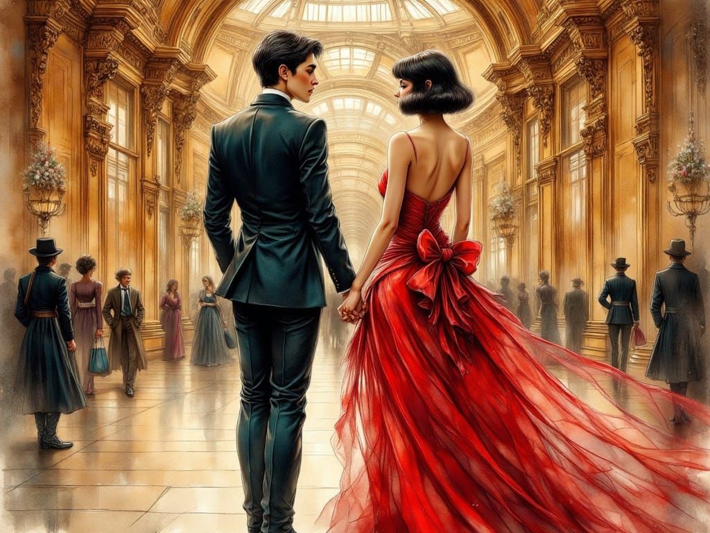 Romantic Couple at Palais Garnier in Mucha Style