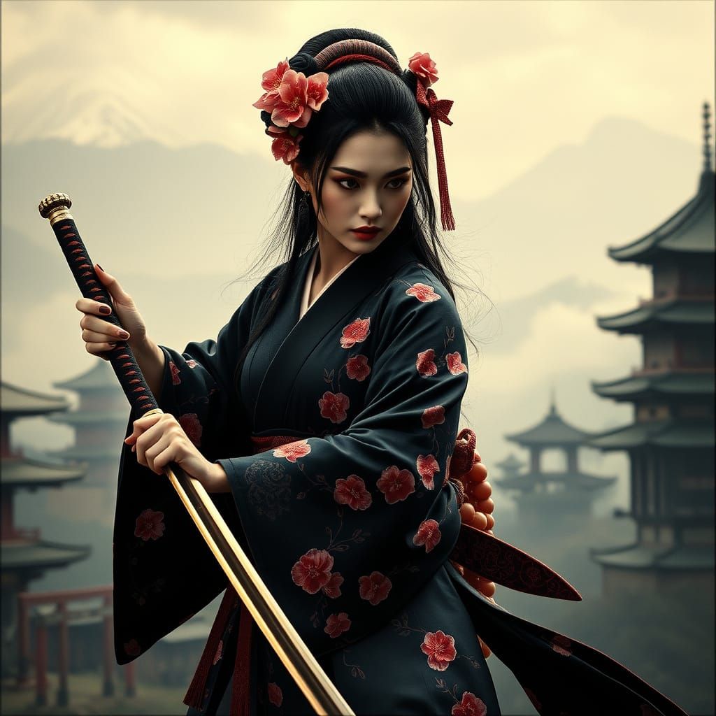 Ethereal Geisha Warrior in Black Kimono with Cherry Blossom ...