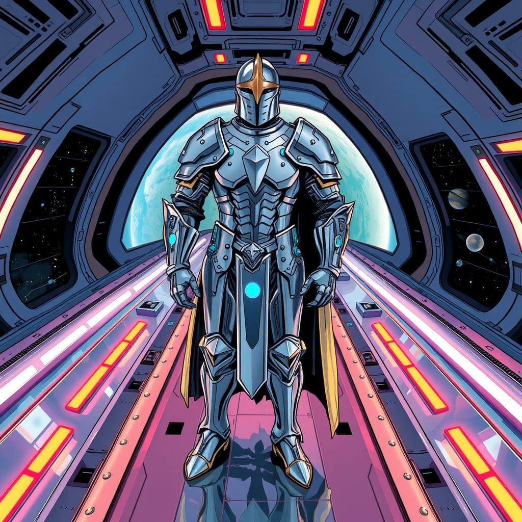 Silver Knight in Futuristic Spacecraft