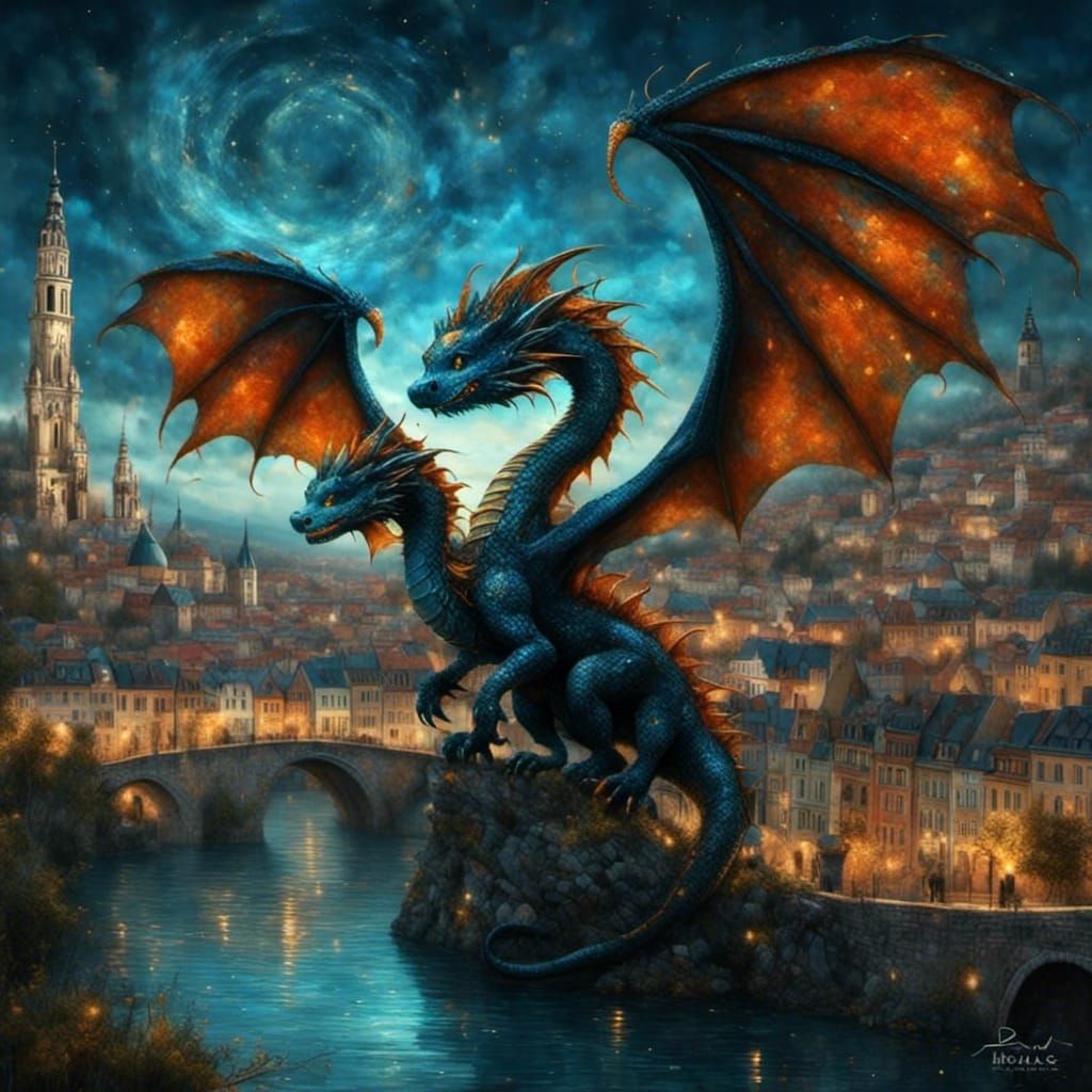 Black Dragon Over Cracow: Fantasy Illustration