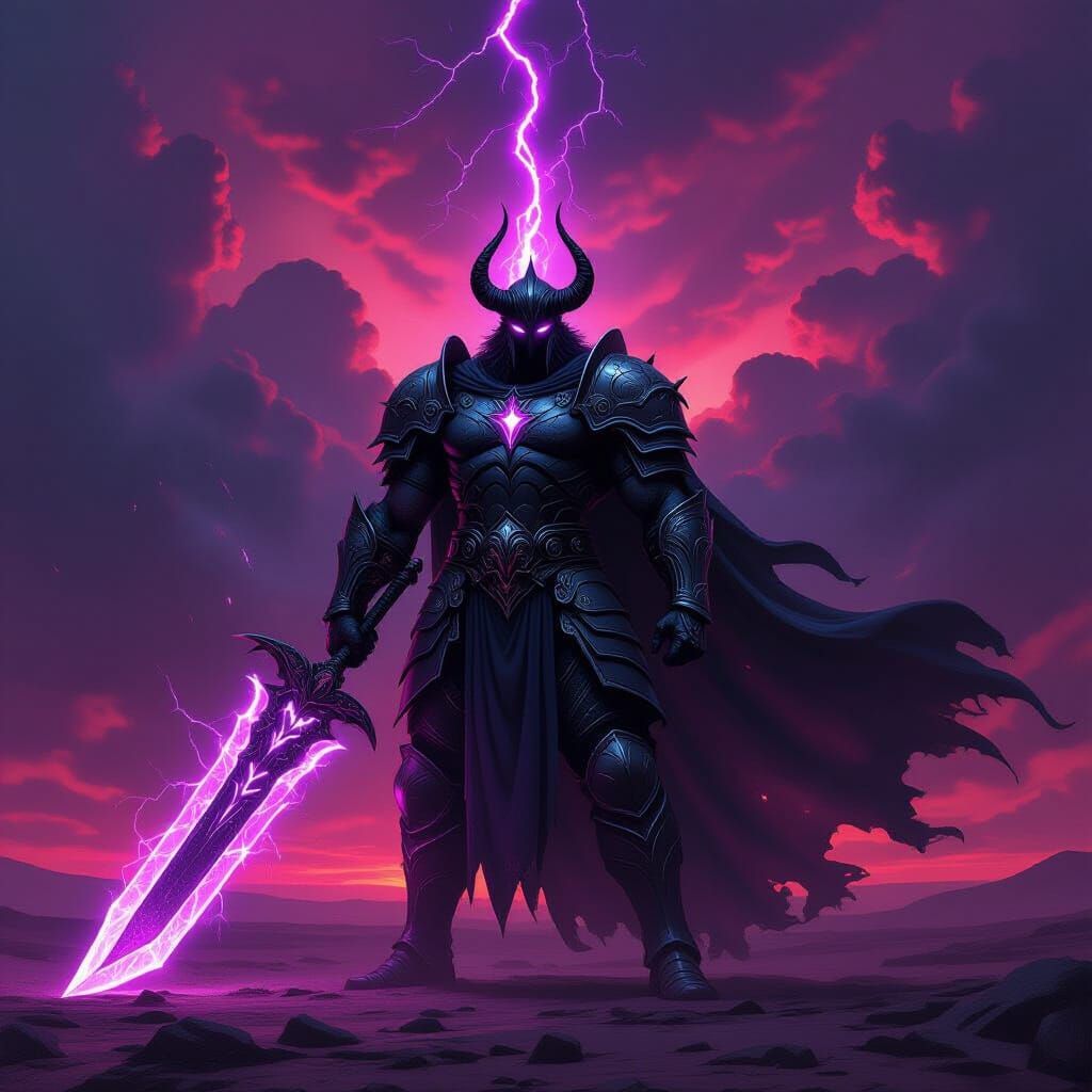 Baal: Armored Warrior in Stormy Crimson Sky