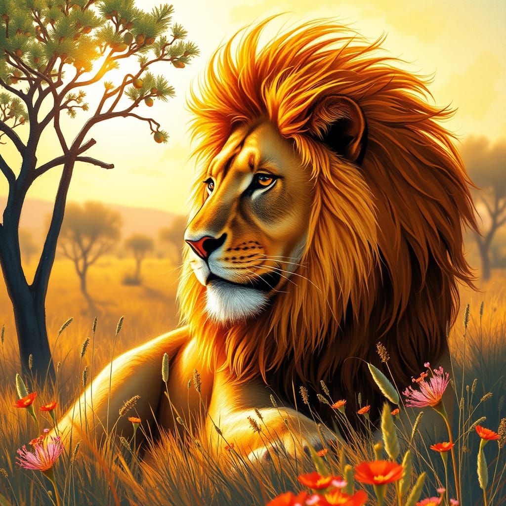 Regal Lioness in Serene Savannah Landscape