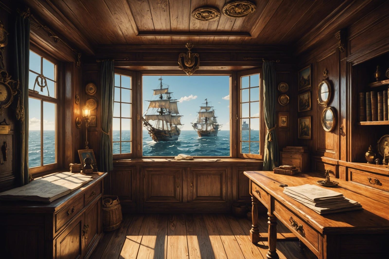 Captain's quarters on a 17th century pirate vessel; bright sunny day shining through the large window, it's rich, warm, ...