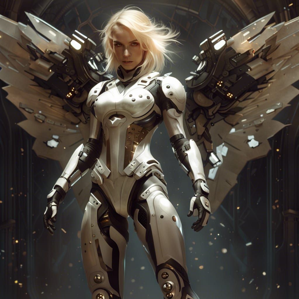 Heavenly Futuristic Woman Fighter with Wings