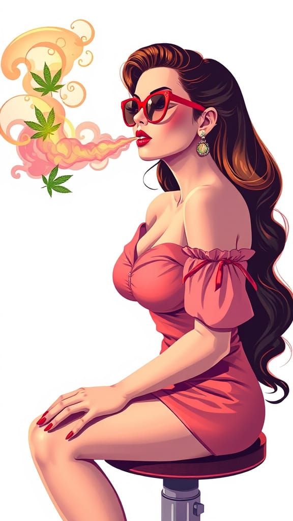 Retro Pin-Up Girl Exhaling Cannabis Smoke: Flat Color Art