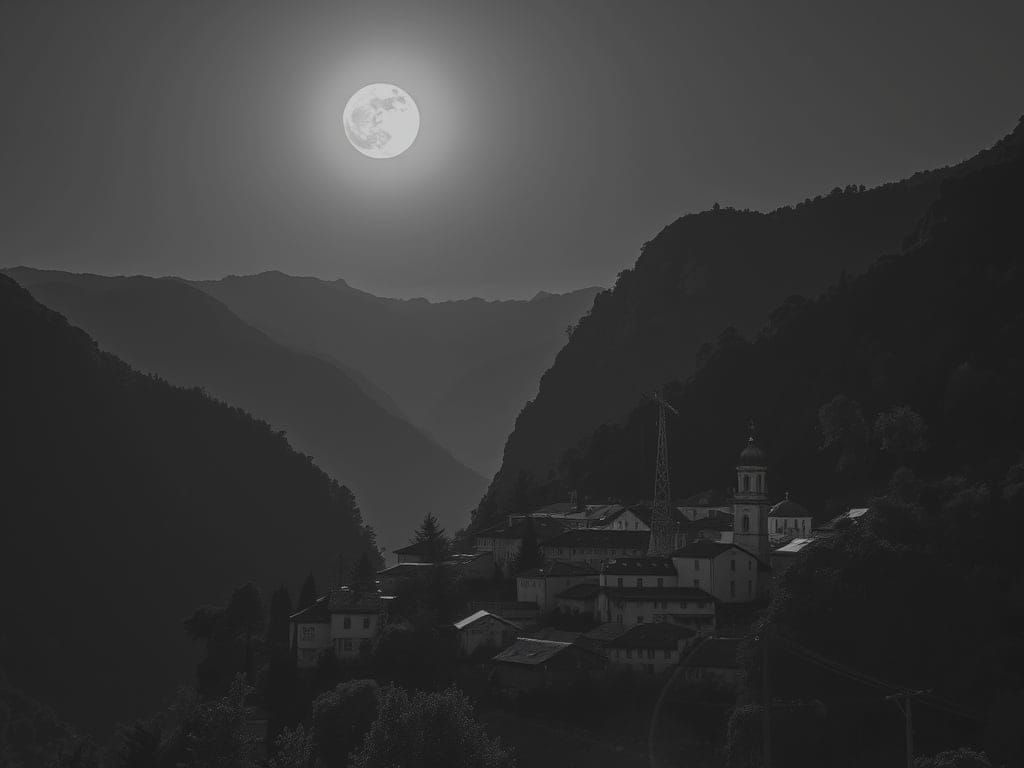 Black and White Mountain Village Under Moonlight