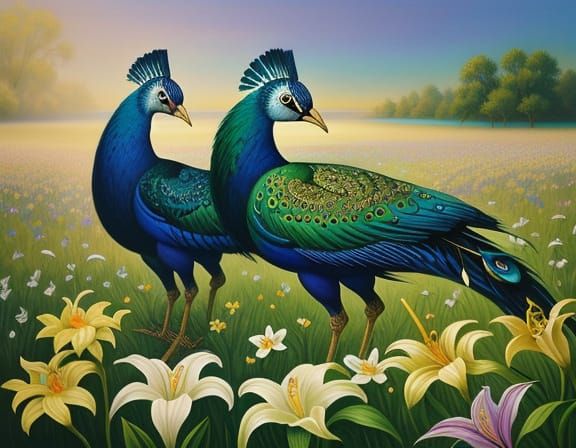 Surreal Peacocks and Lilies in Dreamlike Oil Painting