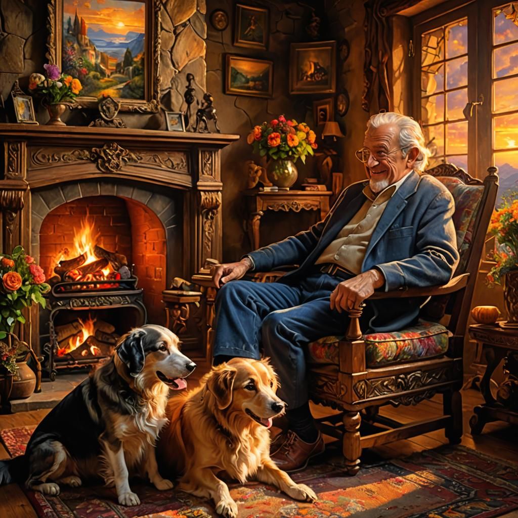 Cozy Evening: Elderly Man and Dog by Fireplace