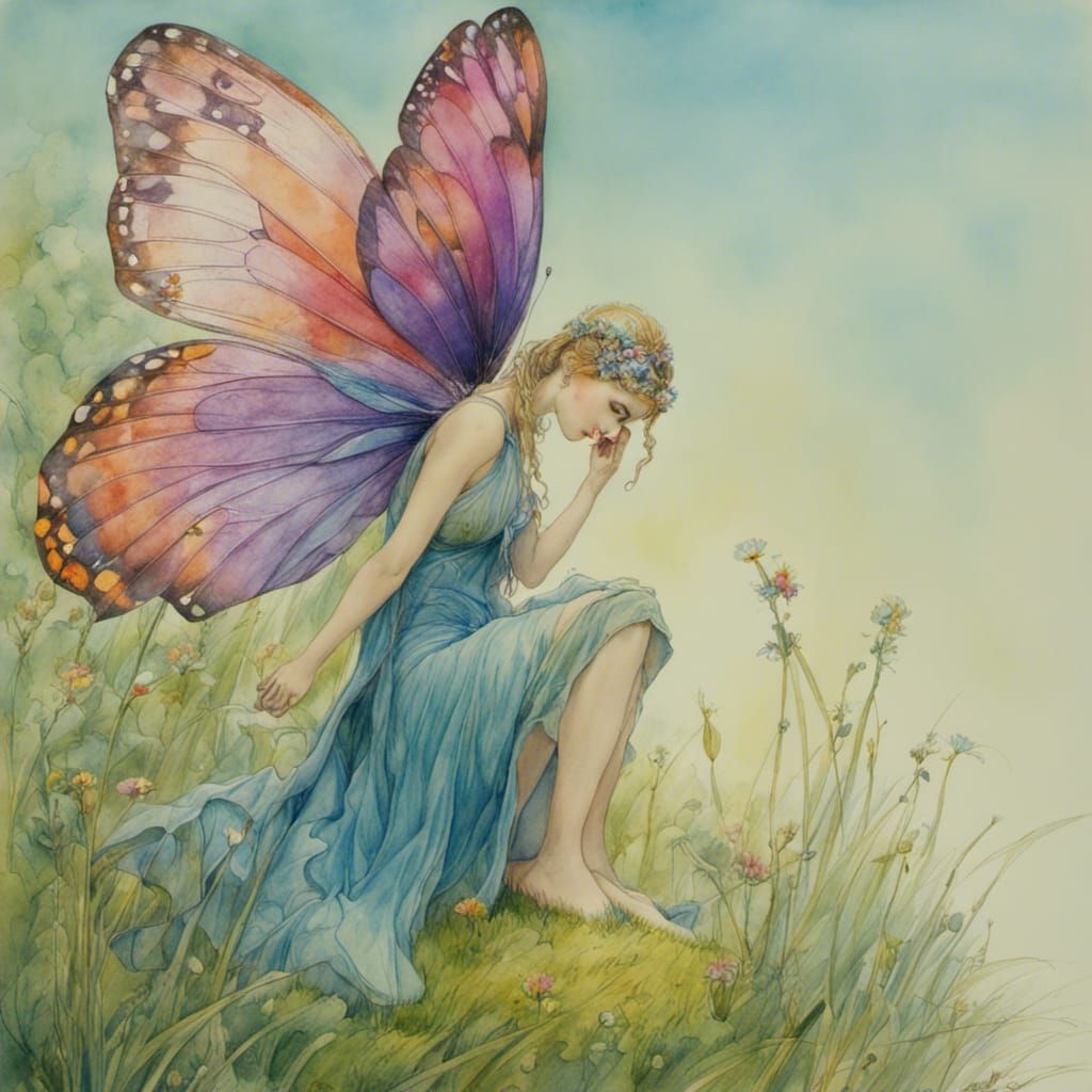 Fairy Gazing at Butterfly: Ethereal Watercolor Fantasy