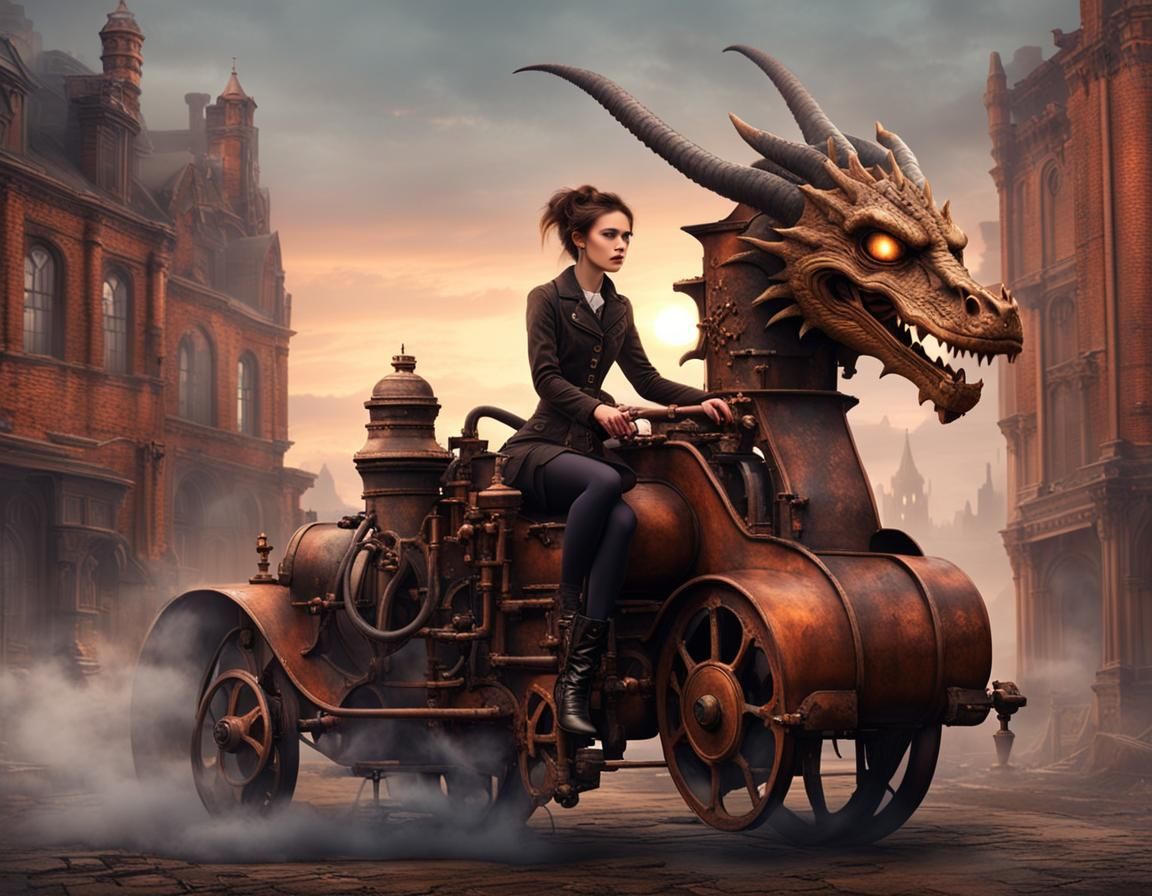 Girl Rides Steampunk Dragon Through Burning Town
