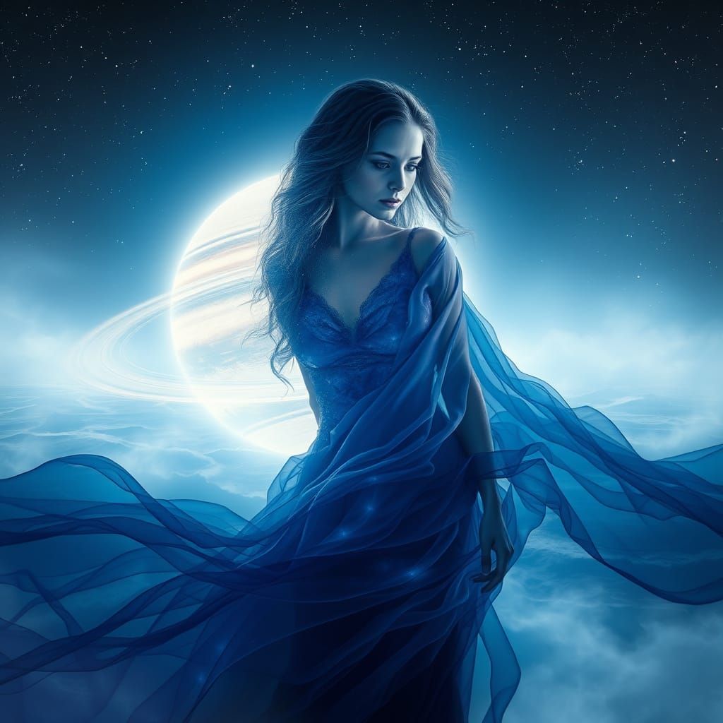 Mystical Aquatic Goddess of Neptune in Deep Blues and Purple...