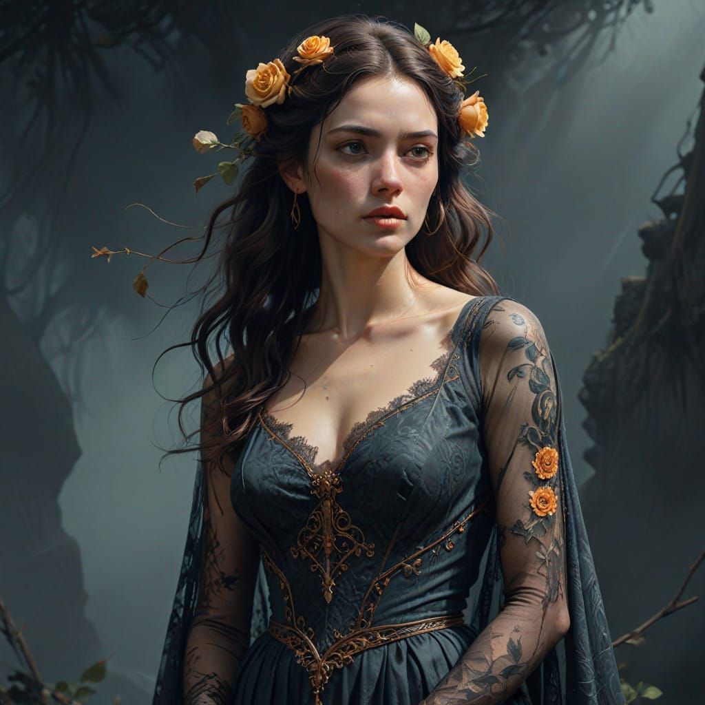 Ethereal Dark Romantic Goddess in Vintage Lace Gown