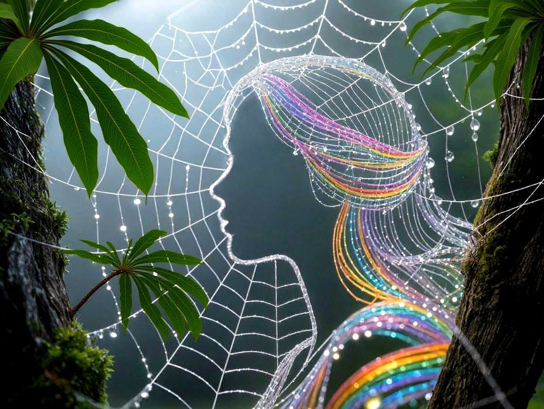 Rainbow spider web, with woman's face silhouette and morning...