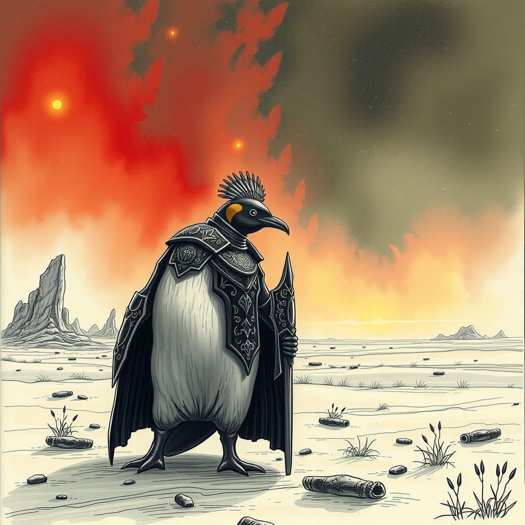Penguin-Spider Knight in Obsidian Armor on Cosmic Plain