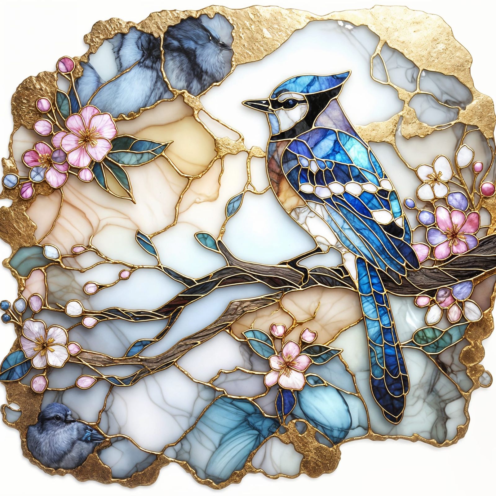 Vibrant Stained Glass Scene with a Blue Jay Perched on a Che...