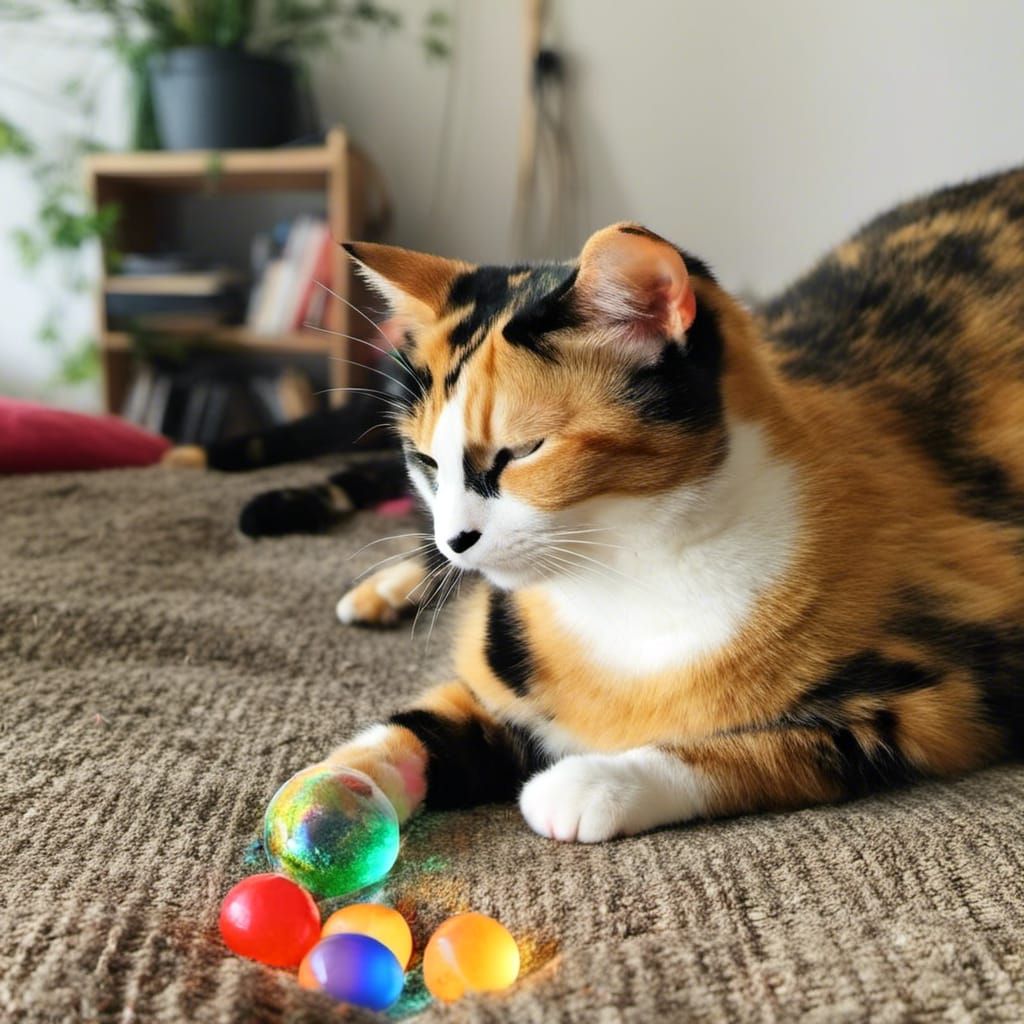 Cat Plays with Magical Rainbow Apple