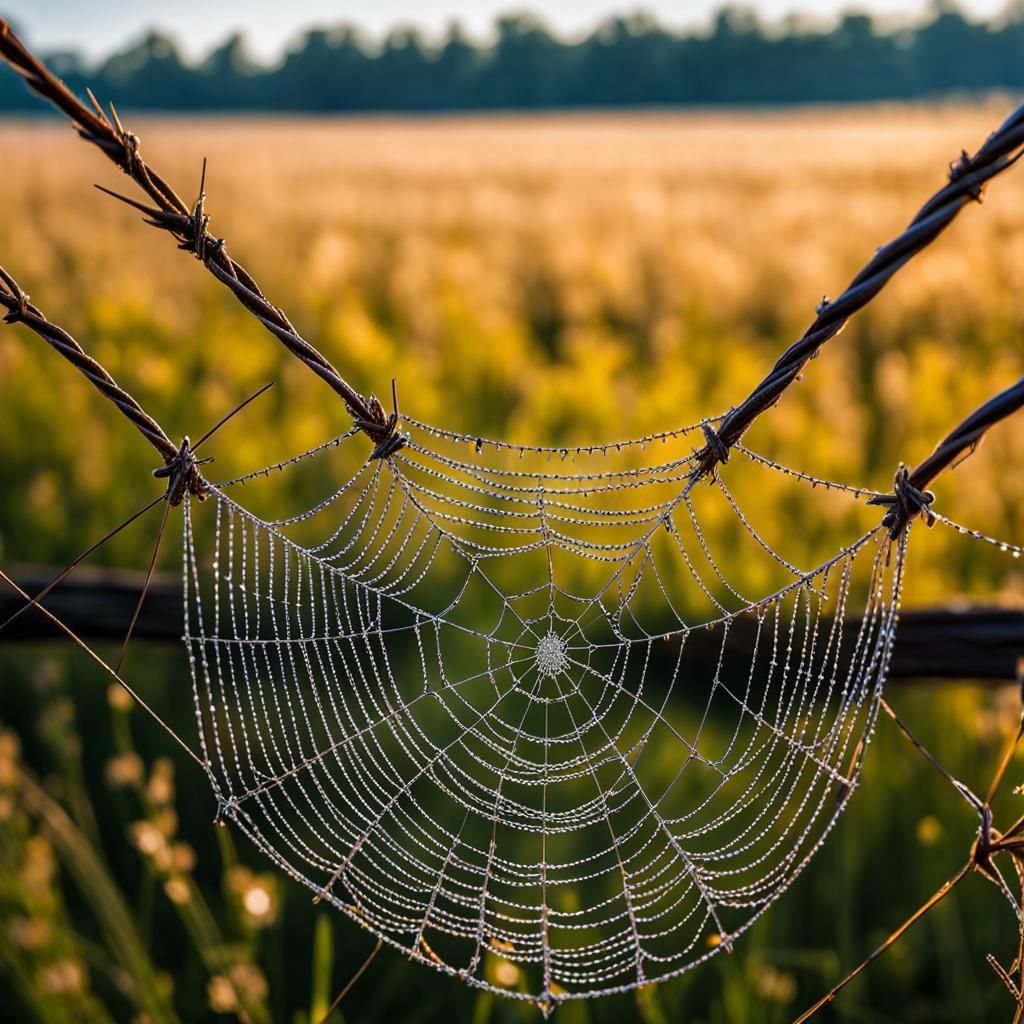 Hyperrealistic Barbed Wire Spider Web in Meadow