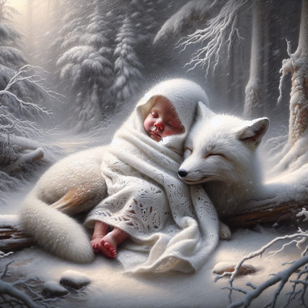 Soothing Winter Scene: Baby and White Fox in a Blizzard