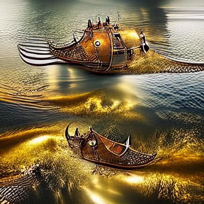 Steampunk Viking Longboat on Golden Water
