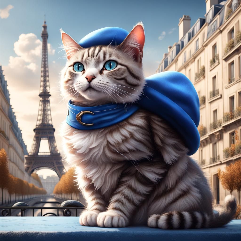 Cat in Blue Beret in Paris, Detailed Matte Painting