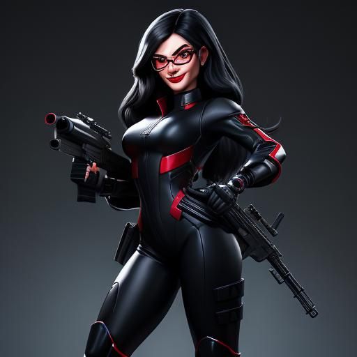 Hyperrealistic Woman with Machine Gun in Black Bodysuit