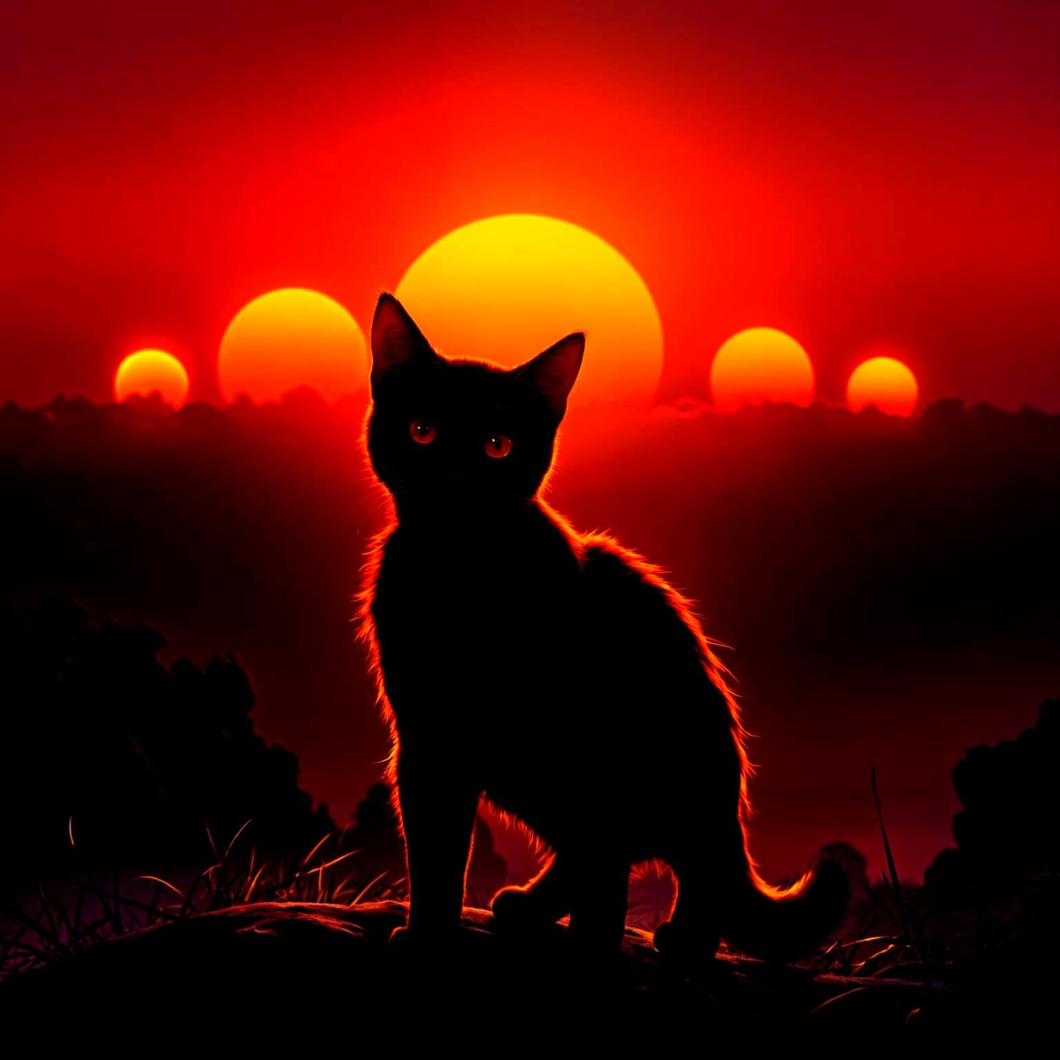 Silhouette of Cat Against Setting Suns: Dark Fantasy Art