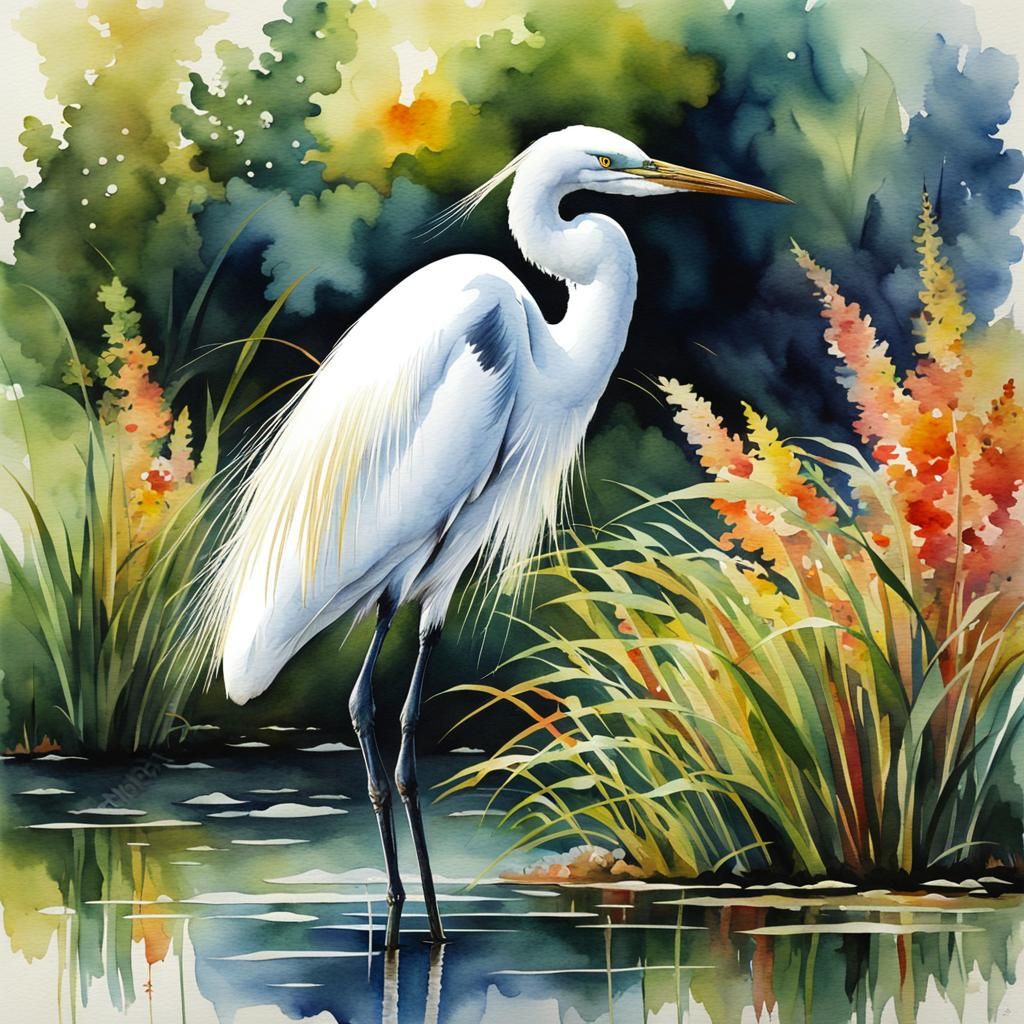 Elegant Egret in Watercolor on Pond Bank