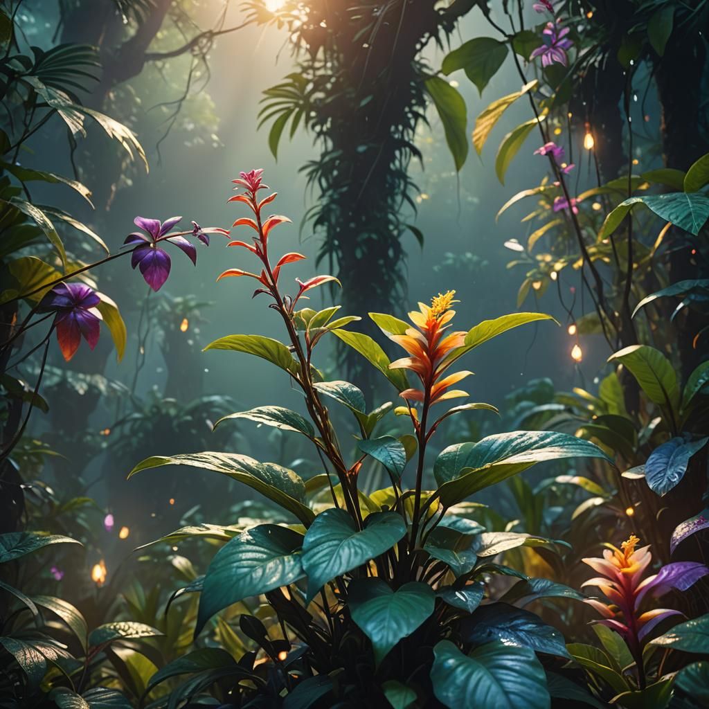 Tricolor Plant Blooms in Surreal Jungle Landscape