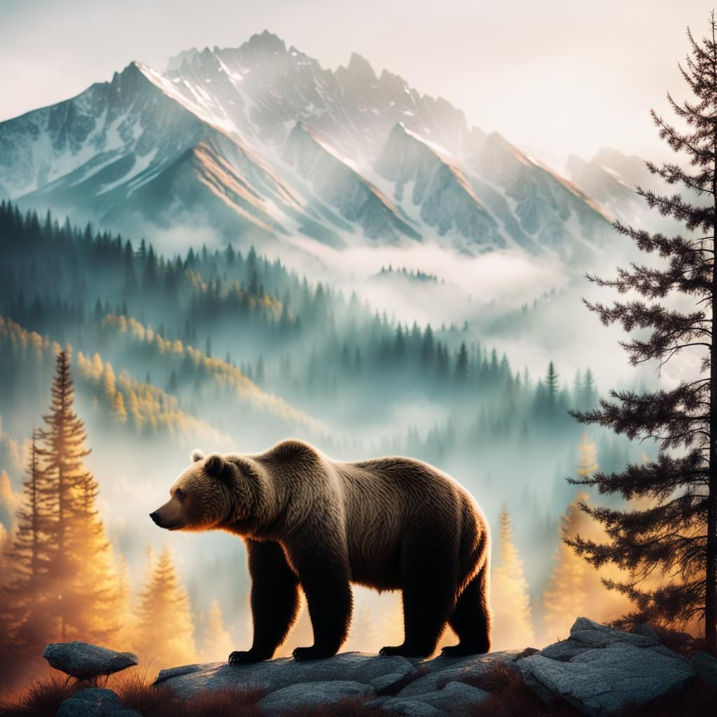 Ethereal Bear Silhouette in Double Exposure Photography