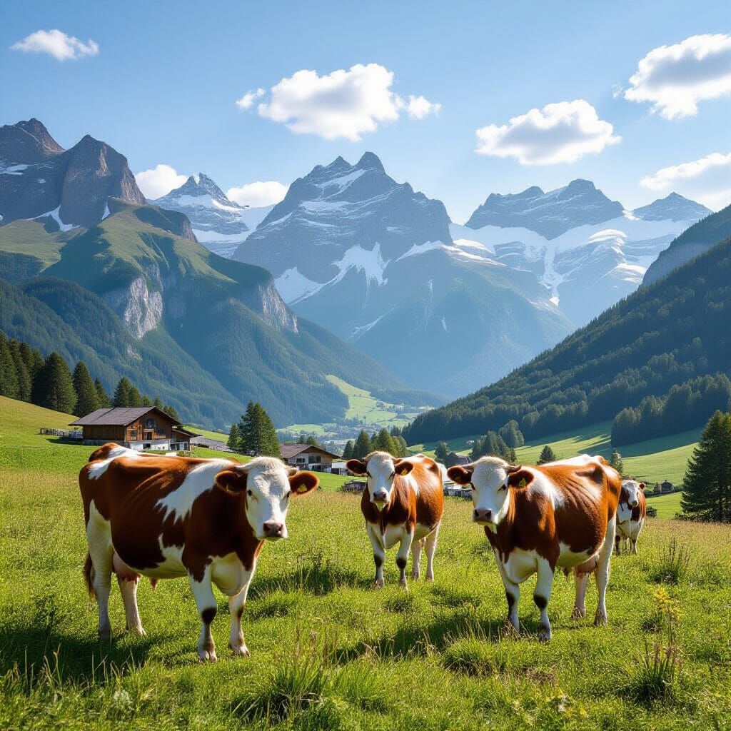Authentic Swiss Alps Landscape With Cows
