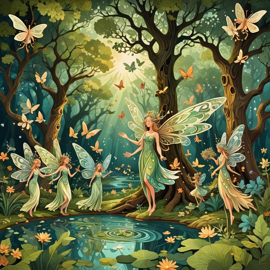 Fairies and Pixies Blessed by Goddess near Pond