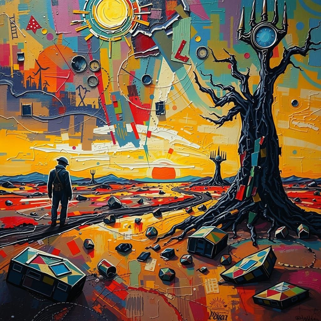 Man Standing in a Desolate, Dreamlike Landscape