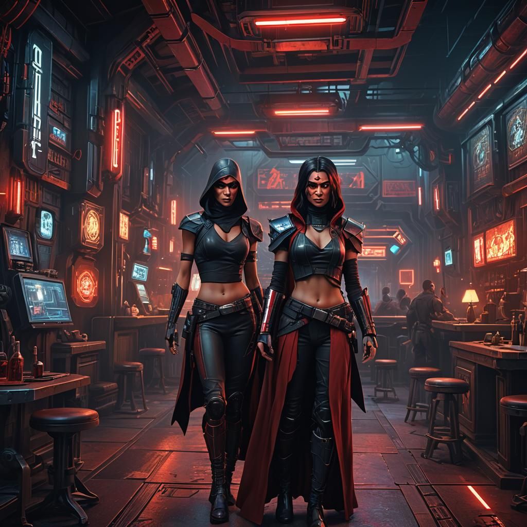 Sith Lord in Cyberpunk Tavern: Detailed Matte Painting