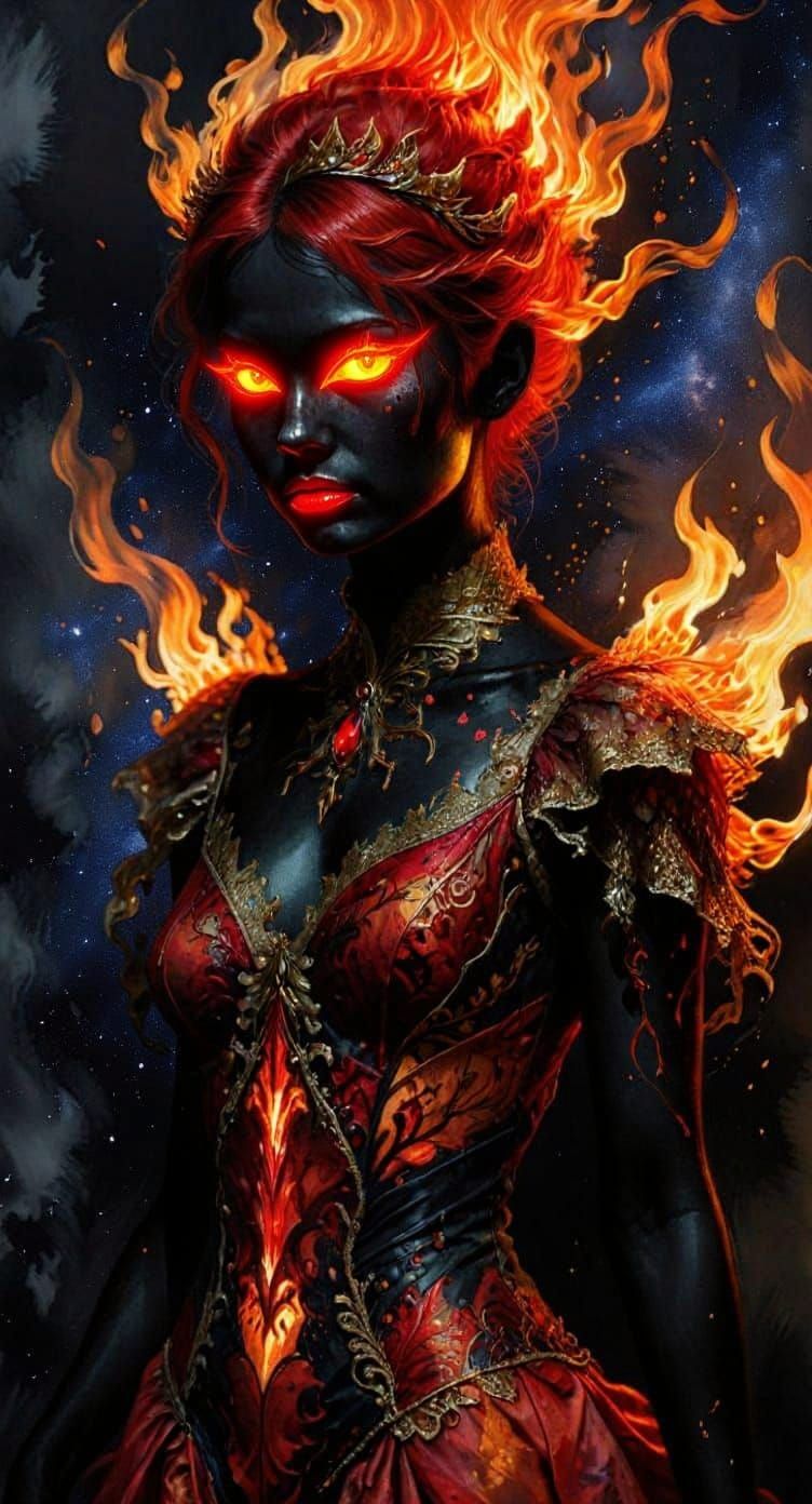 Asian Woman with Charcoal Skin and Flaming Eyes