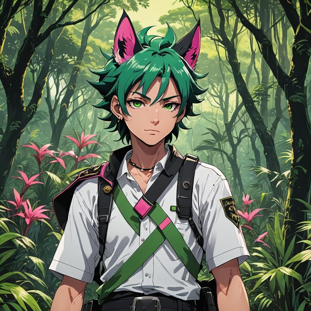 Anime Jackal Character in Jungle, Cel-Shaded Style