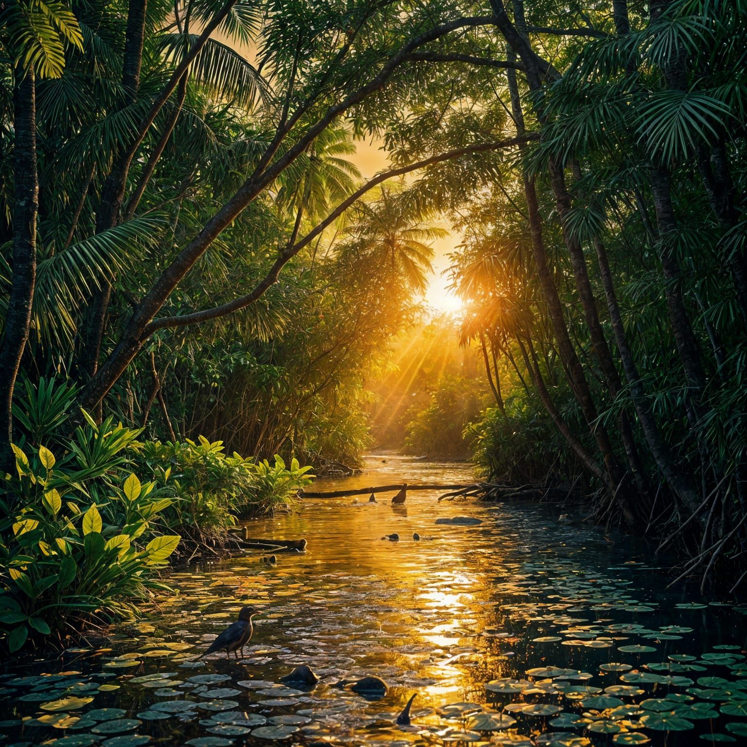 Sunset in a Lush Mangrove Forest