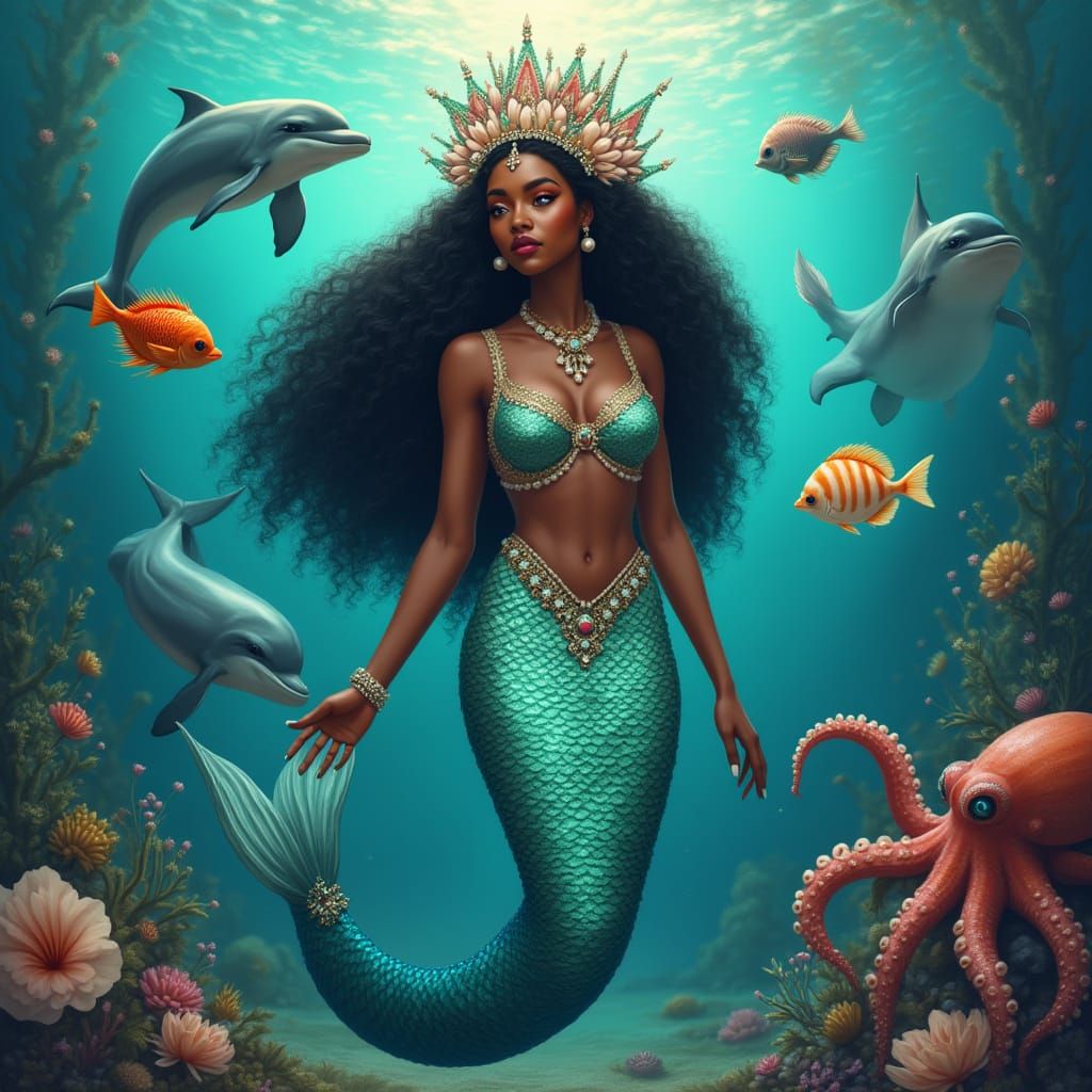 African Mermaid Queen in Vibrant Underwater Realm