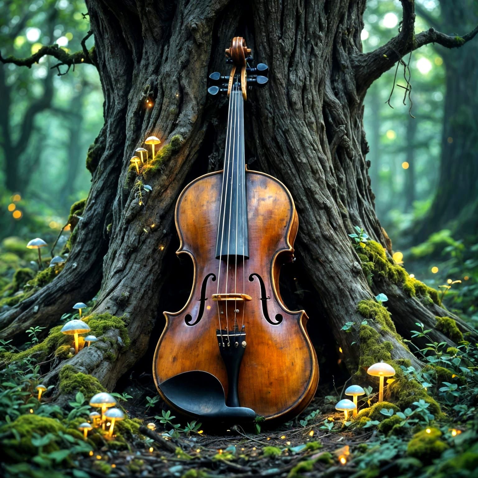 Enchanted Violin in Magical Forest Light