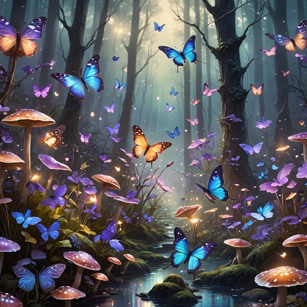 Iridescent Butterflies in a Whimsical Forest