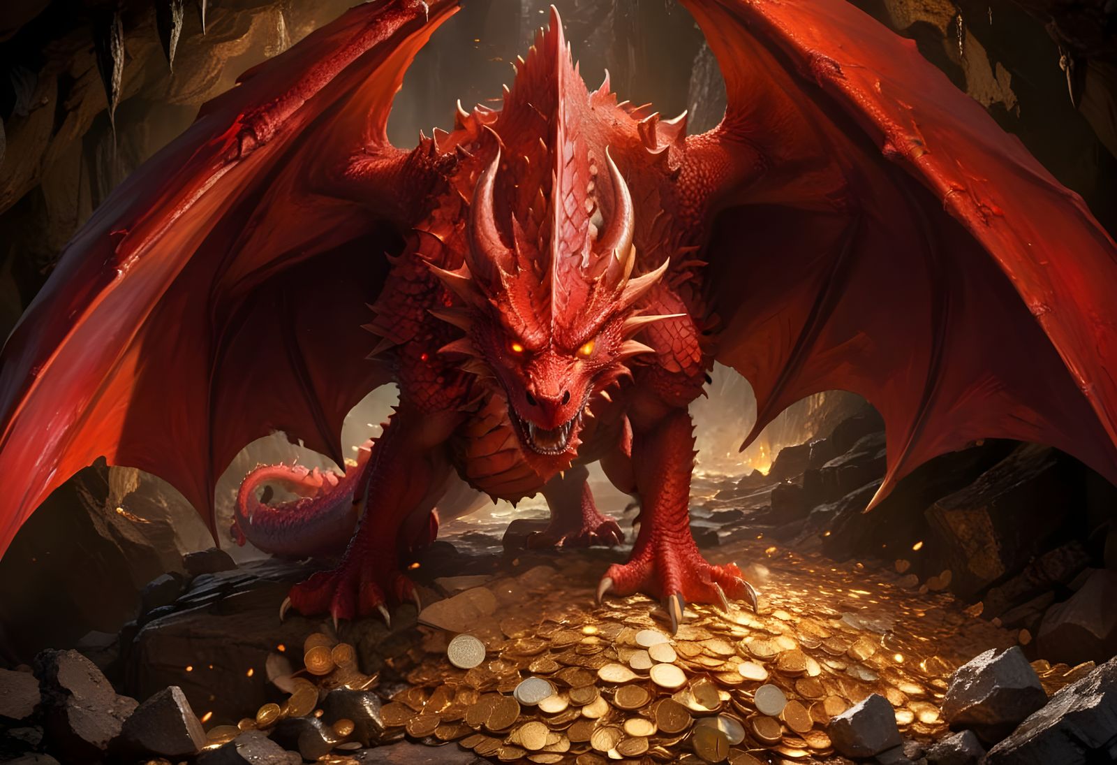 Mighty Red Dragon Guardians Ancient Treasure in Dark Cave