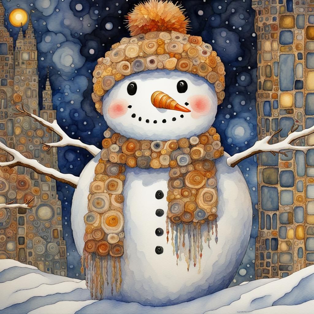 Snowman in Gustav Klimt Style Watercolor