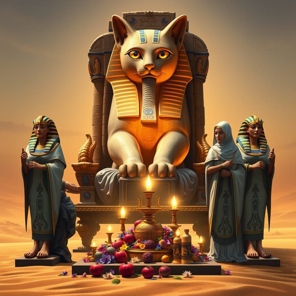 Egyptian Goddess Bastet Adorned with Golden Accents and Lapi...