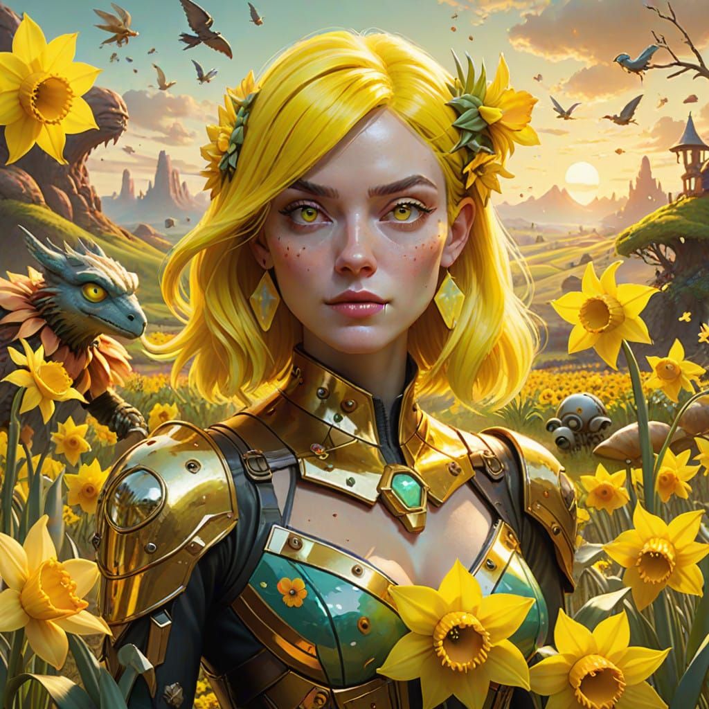 Whimsical Woman in a Vibrant Golden Wonderland