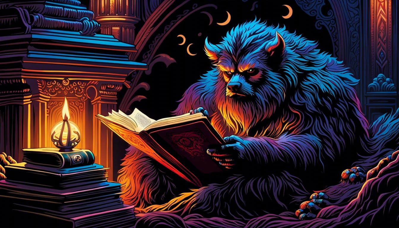 Cinematic Shaggy Monster Reading a Story