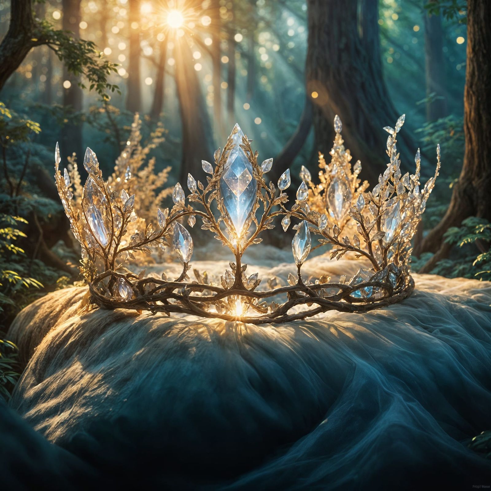 Glowing Crystal Tiara on Velvet Cushion in Enchanted Forest