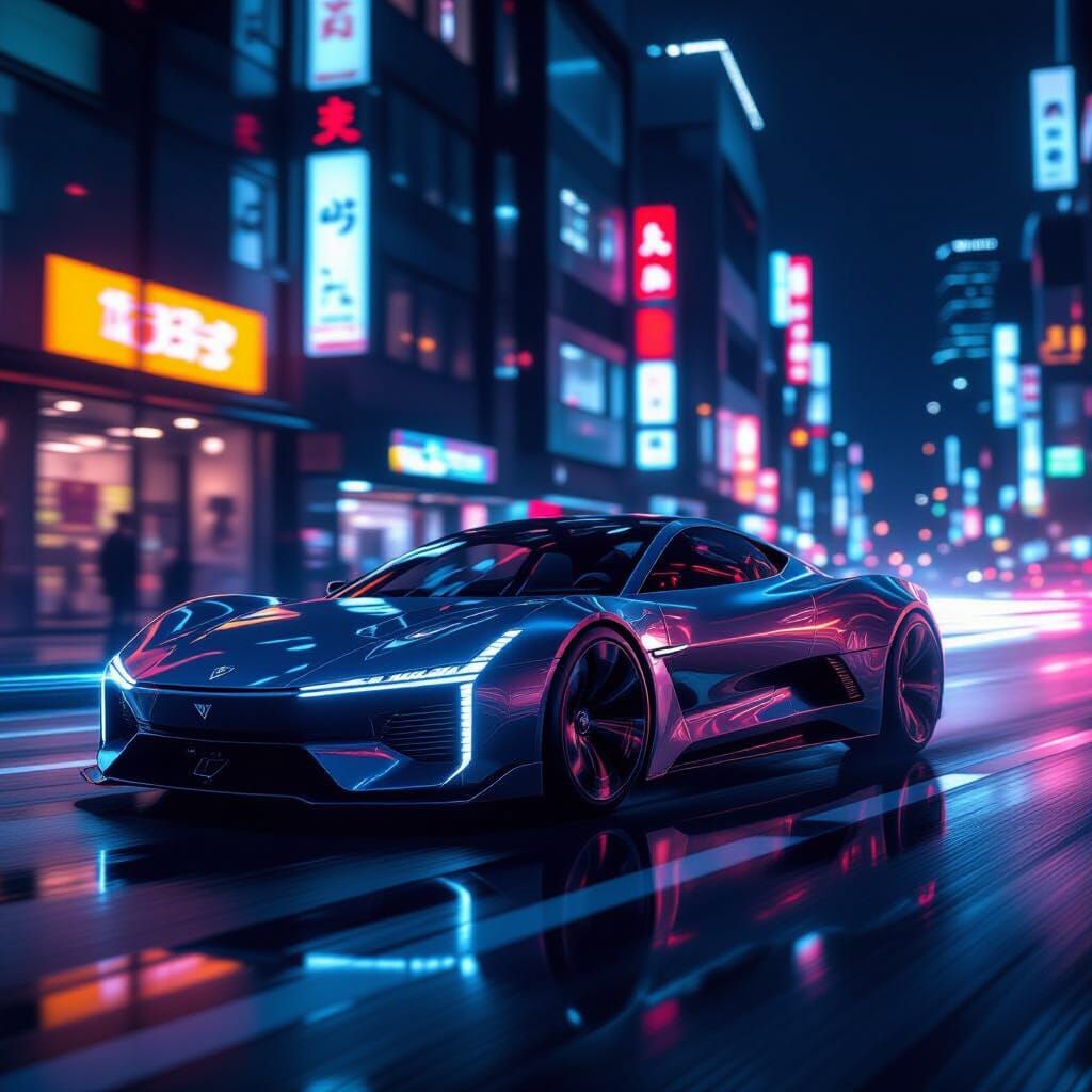 Sleek Cyberpunk Konizag Car on Neon Tokyo Street